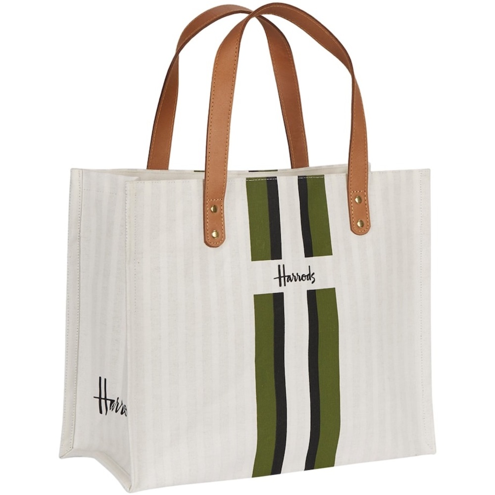 Harrods White Canvas Tote with Olive & Black Stripe and leader Handles